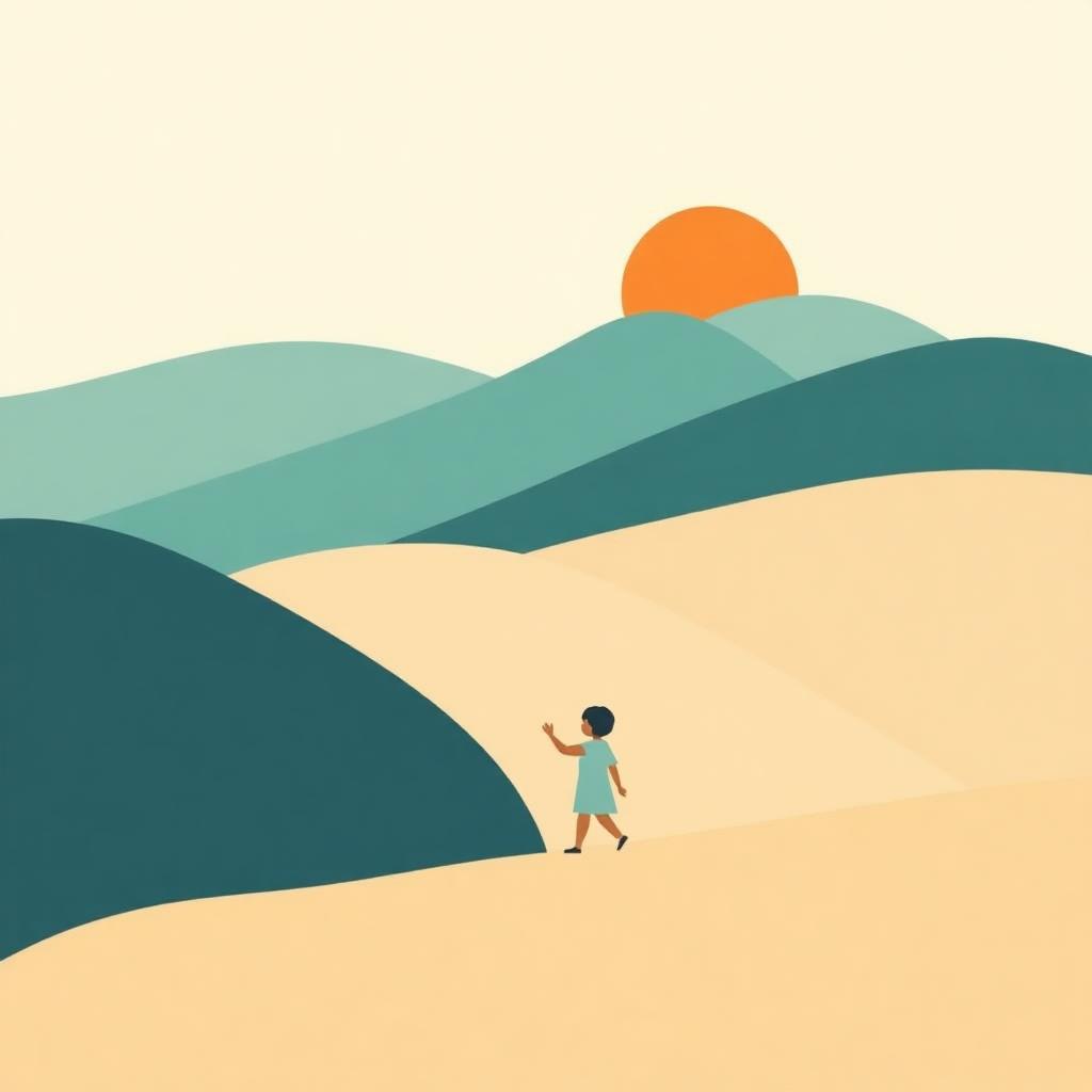 A gentle illustration of a child walking through a warm, abstract landscape with teal hills and an orange sun