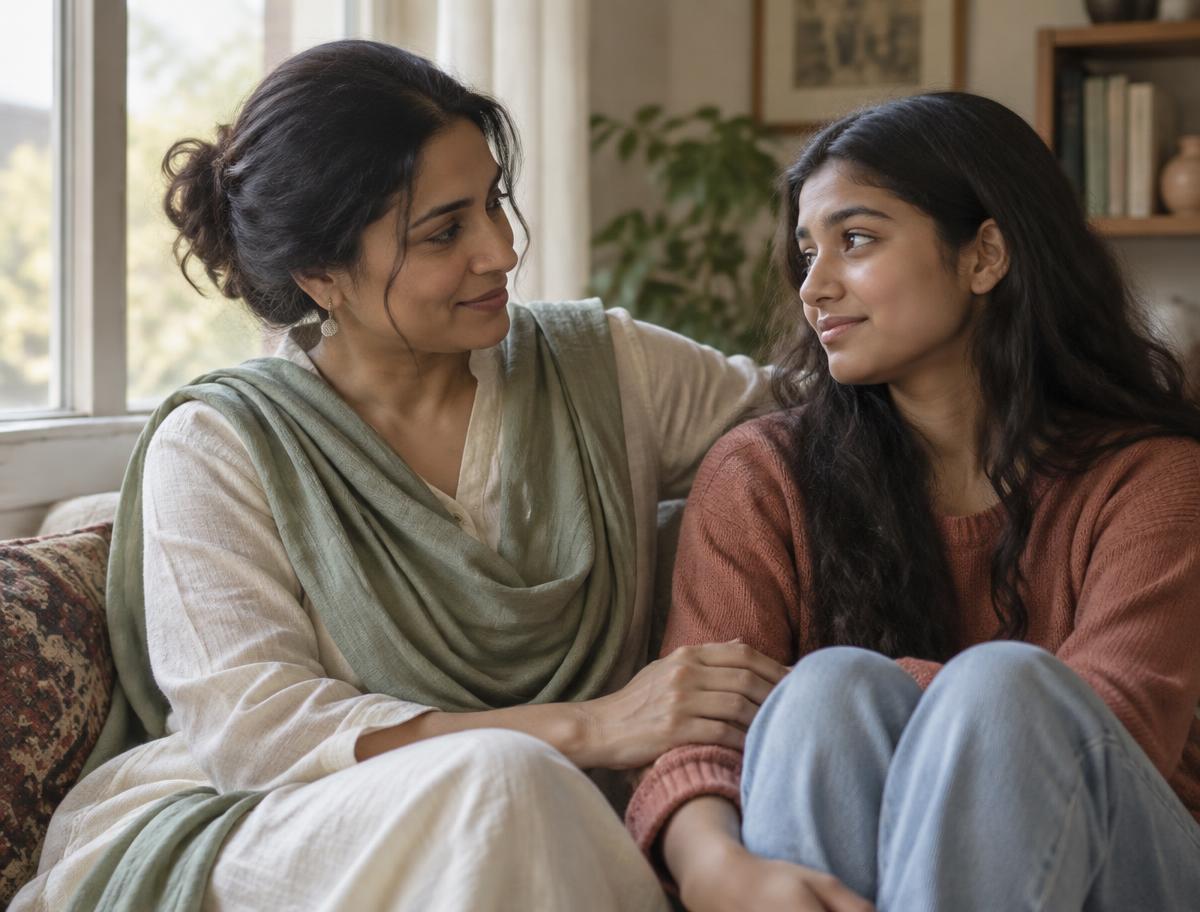 A parent and teenager sharing a warm moment of understanding