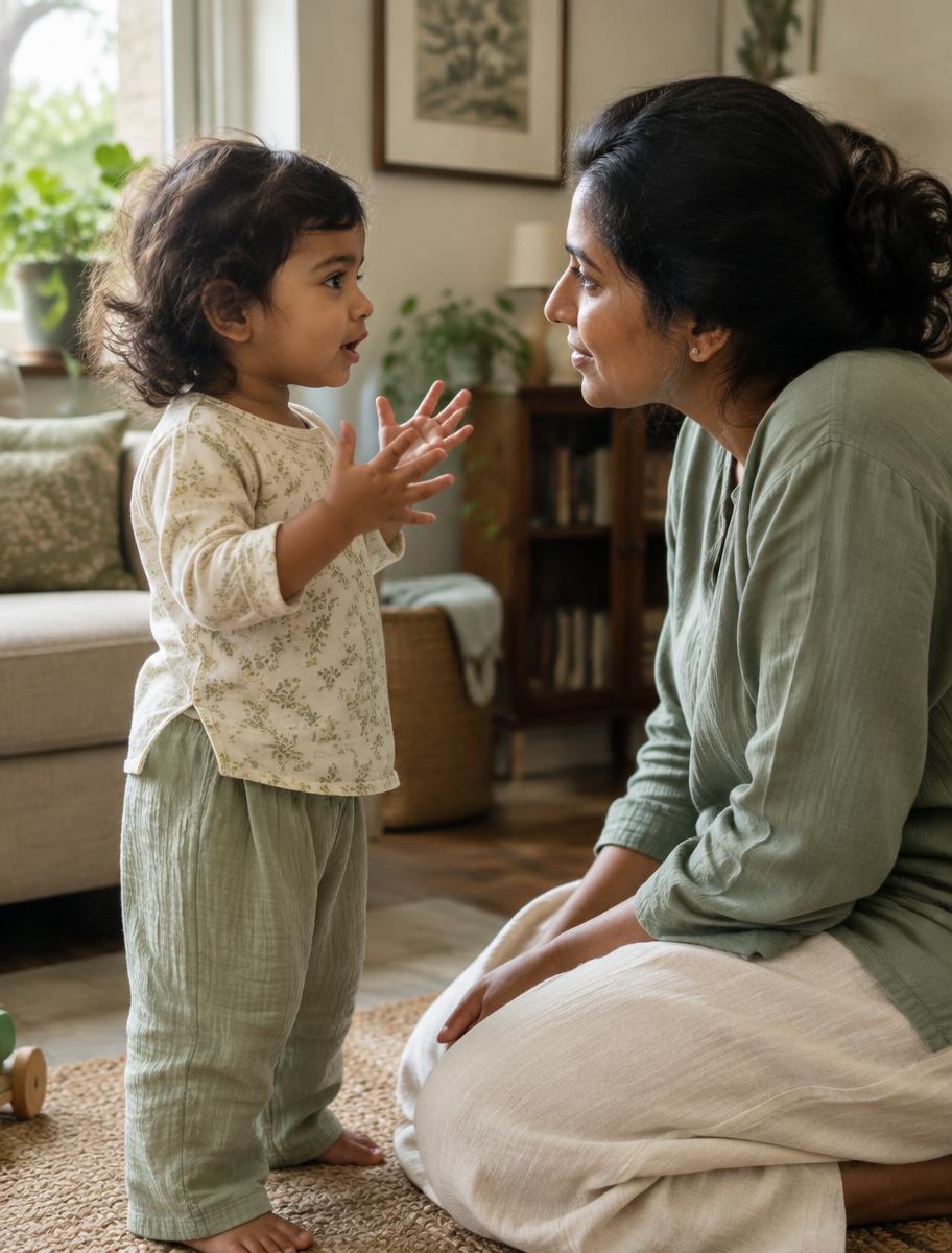 A mother listening closely to her toddler
